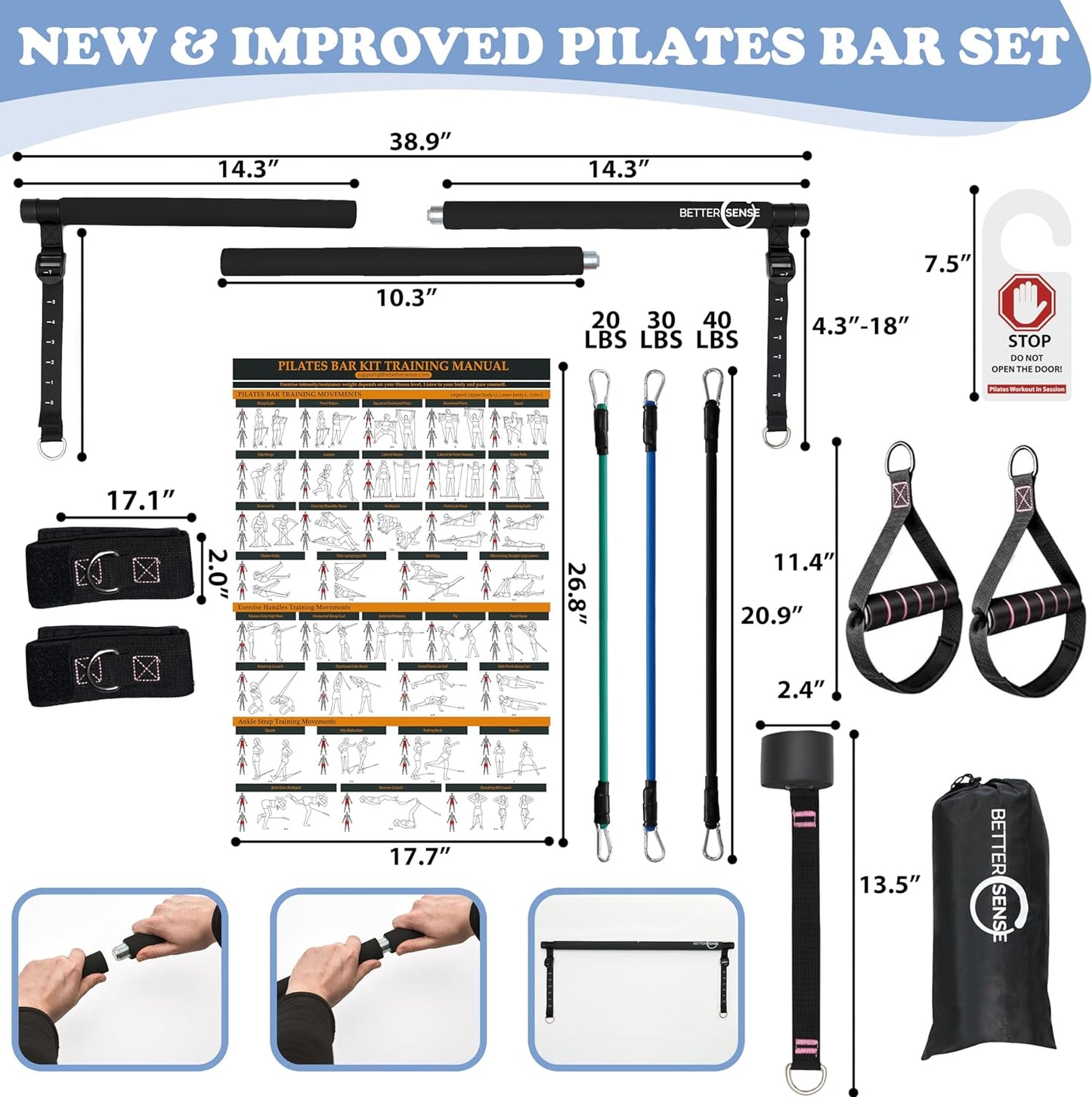 Upgraded Pilates Bar Kit – 39” Adjustable Exercise Equipment for Men, Women with 6X 20, 30, 40 lbs Resistance Bands with Adjustment Buckle – Pilates Equipment for Home Workouts for All Fitness Levels