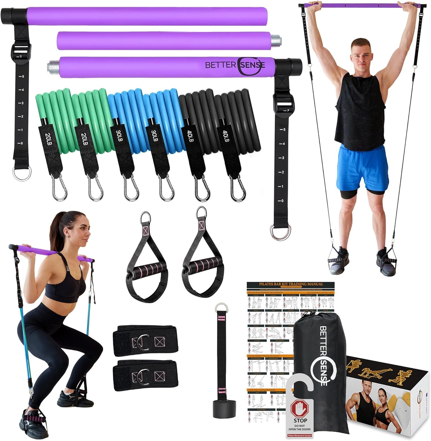 Upgraded Pilates Bar Kit – 39” Adjustable Exercise Equipment for Men, Women with 6X 20, 30, 40 lbs Resistance Bands with Adjustment Buckle – Pilates Equipment for Home Workouts for All Fitness Levels