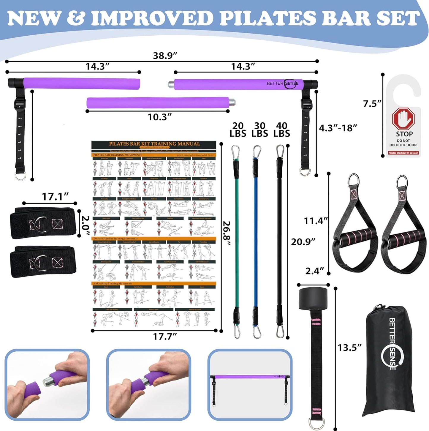 Upgraded Pilates Bar Kit – 39” Adjustable Exercise Equipment for Men, Women with 6X 20, 30, 40 lbs Resistance Bands with Adjustment Buckle – Pilates Equipment for Home Workouts for All Fitness Levels