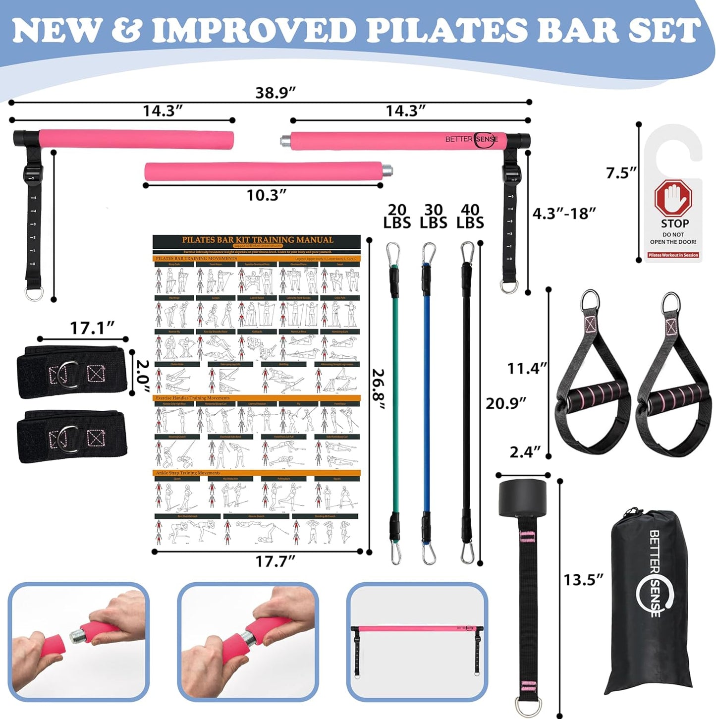 Upgraded Pilates Bar Kit – 39” Adjustable Exercise Equipment for Men, Women with 6X 20, 30, 40 lbs Resistance Bands with Adjustment Buckle – Pilates Equipment for Home Workouts for All Fitness Levels