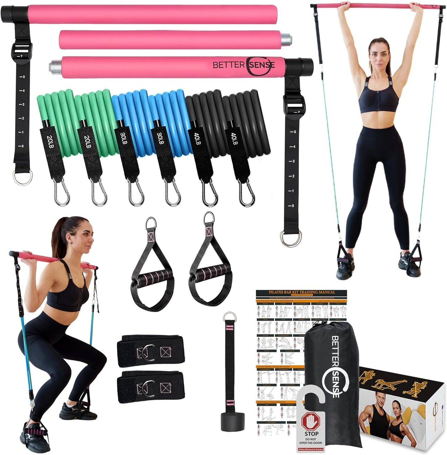 Upgraded Pilates Bar Kit – 39” Adjustable Exercise Equipment for Men, Women with 6X 20, 30, 40 lbs Resistance Bands with Adjustment Buckle – Pilates Equipment for Home Workouts for All Fitness Levels