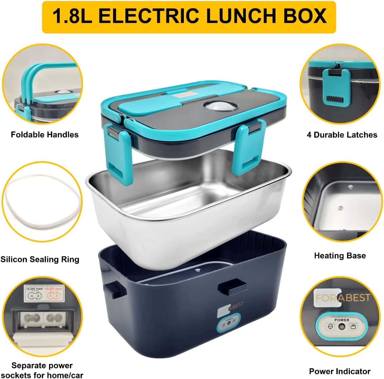 FORABEST 1.8L Electric Lunch Box- Larger Upgraded 50W - Dark Grey-Gree –  Forabest
