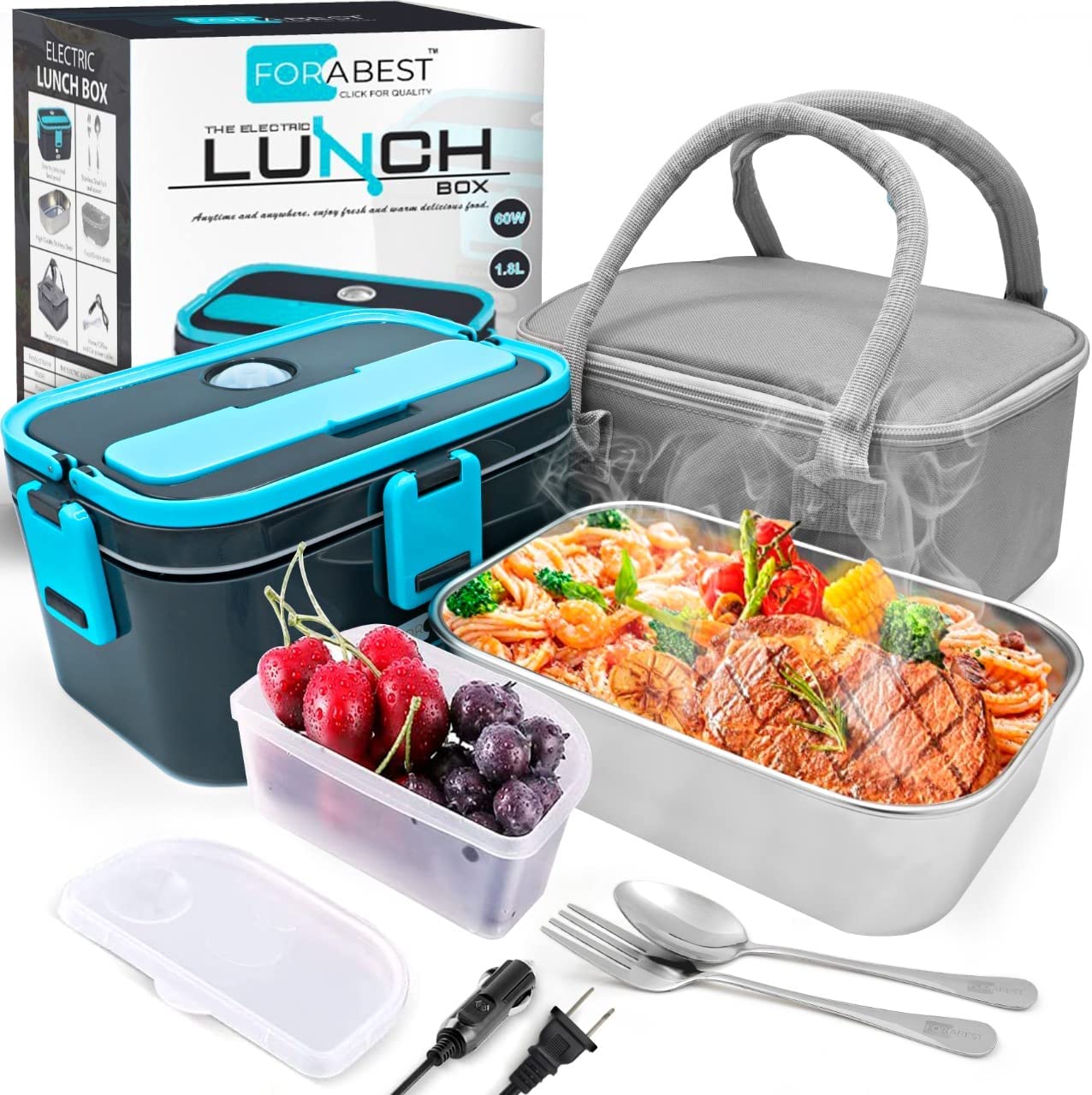 FORABEST 1.8L Electric Lunch Box- Larger Upgraded 50W - Dark Grey-Green