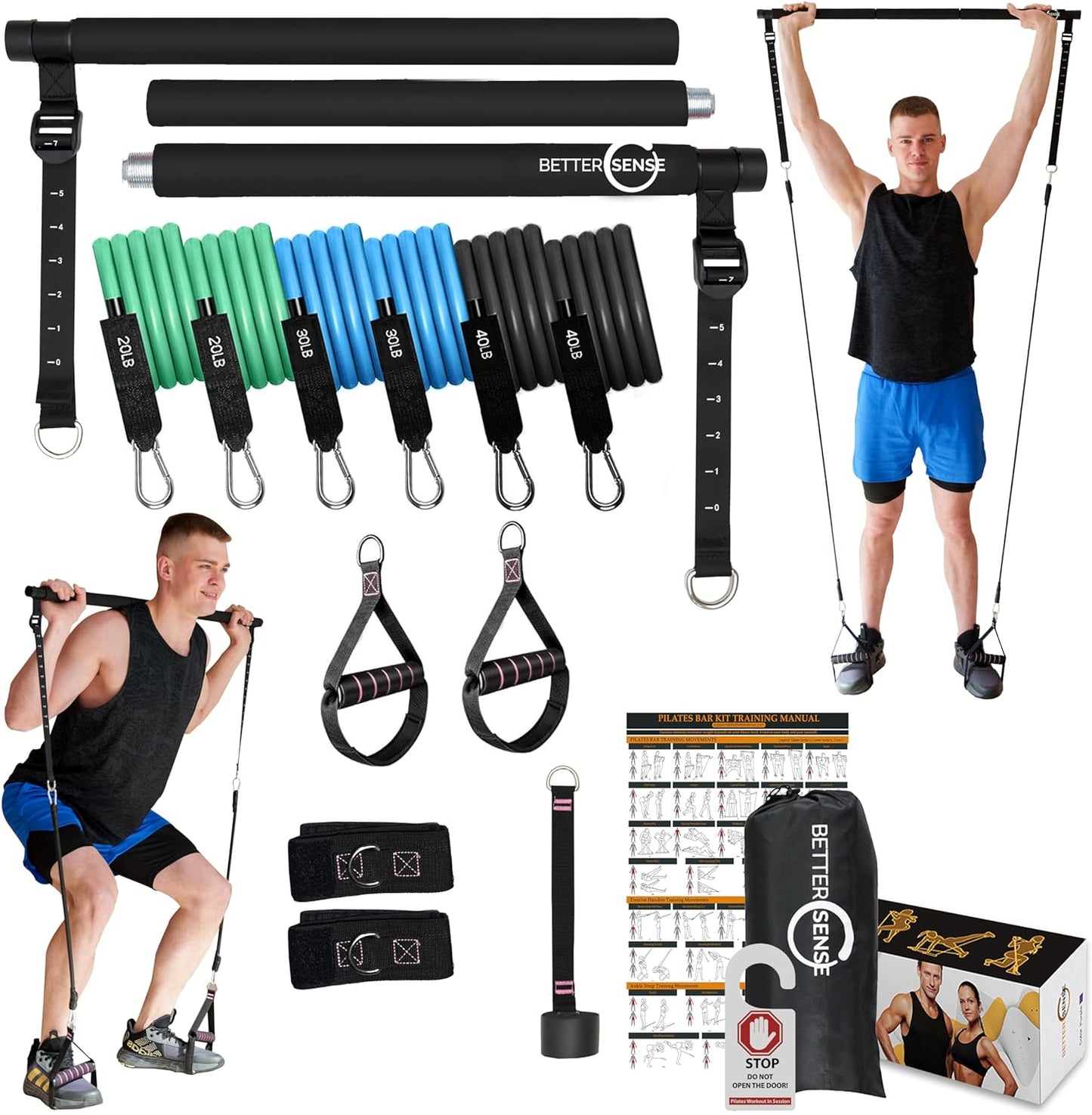 Upgraded Pilates Bar Kit – 39” Adjustable Exercise Equipment for Men, Women with 6X 20, 30, 40 lbs Resistance Bands with Adjustment Buckle – Pilates Equipment for Home Workouts for All Fitness Levels